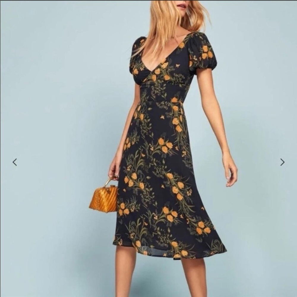 Reformation Navy Blue Yellow and Green Maxi Sundress